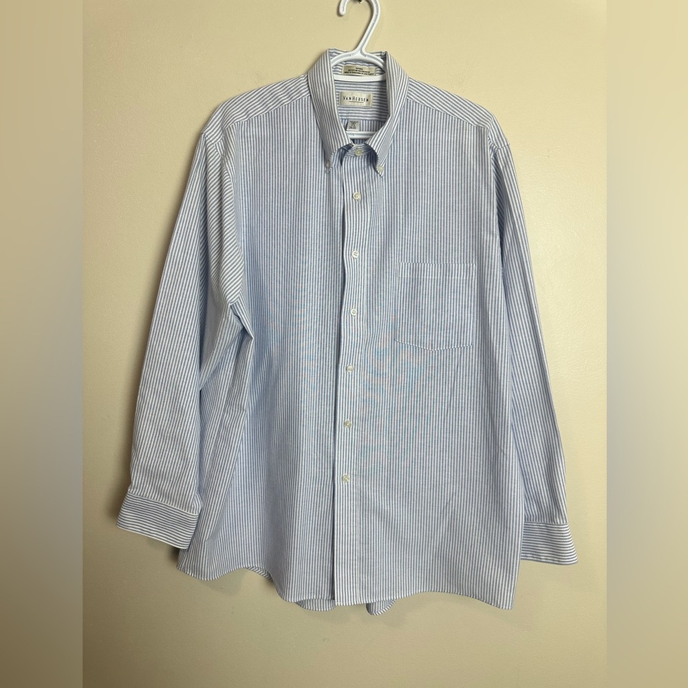 Van Heusen Size 17.5 Light Blue Striped Button Down Shirt